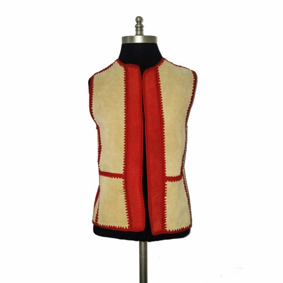 Vtg 70s Two Tone Suede Leather Patchwork Skirt Vest Set 5/6 - Picture 8 of 11
